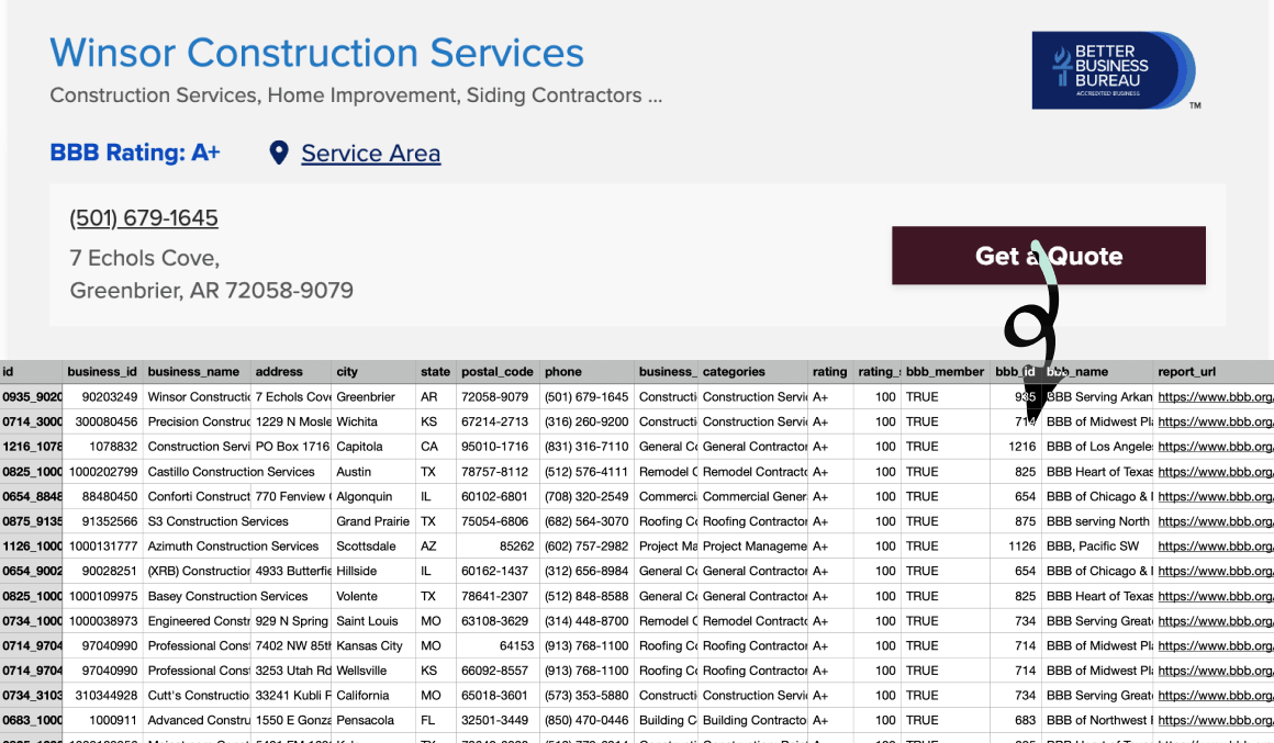 BBB Extractor exporting BBB business listings into a spreadsheet